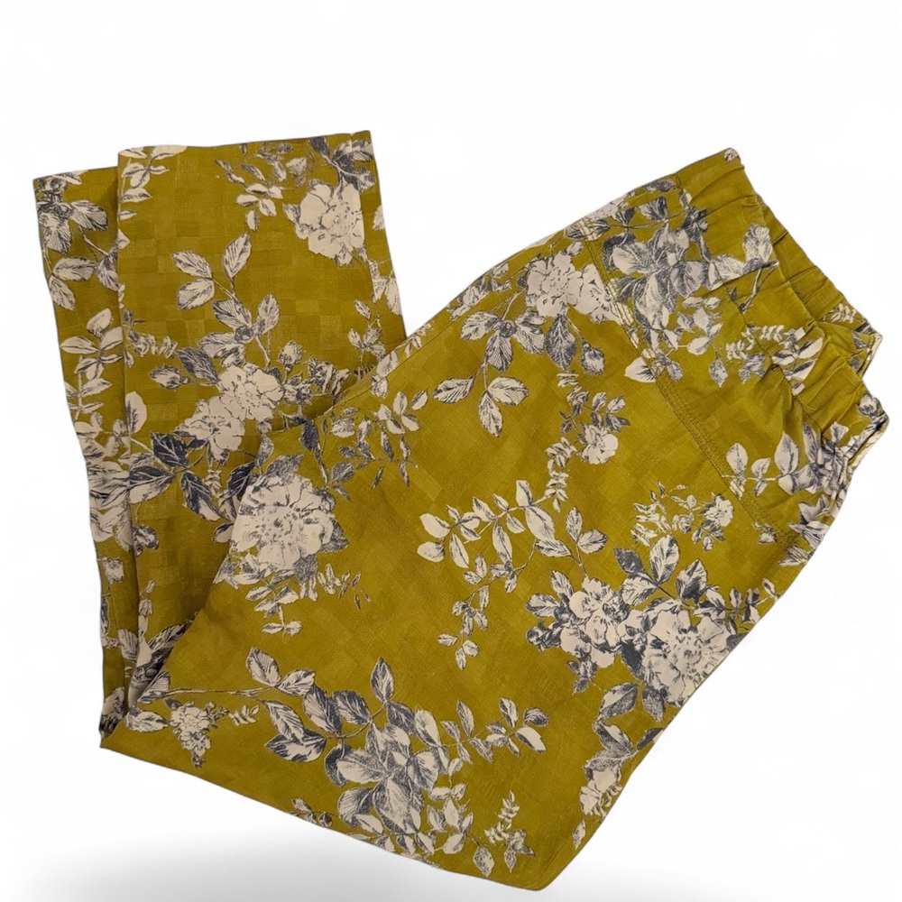 Elevenses Anthropologie Mindaro Floral Pants Mustard Olive Ruffle Waist US 6